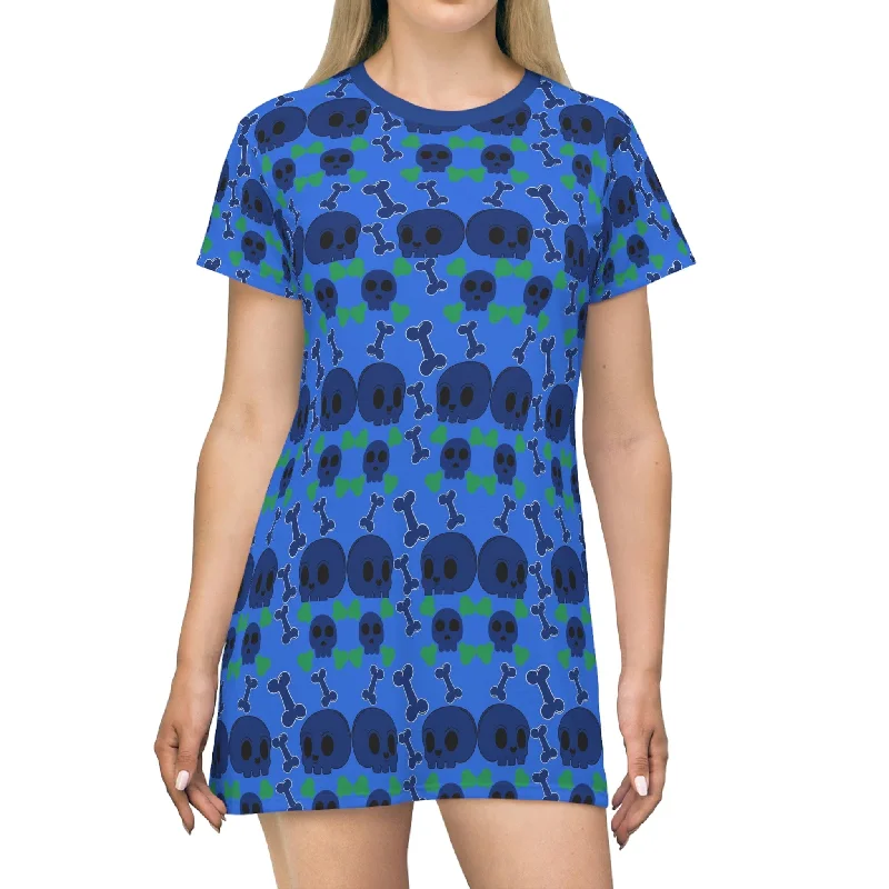 Women's Clothing For Everyday Wear Nordic Minimalist Home Look Women's Blue Skull Print T-Shirt Dress