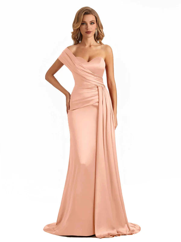 Women's Layered Outfit Elegant Contour Elegant One Shoulder Soft Satin Long Mermaid Bridesmaid Dresses Online In Stock