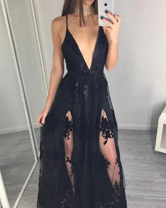 Women's Workout Clothing Big Savings on Minimalist Office Styles Black Lace Prom dresses  Spaghetti Straps Party Long gown with Slits PL2105