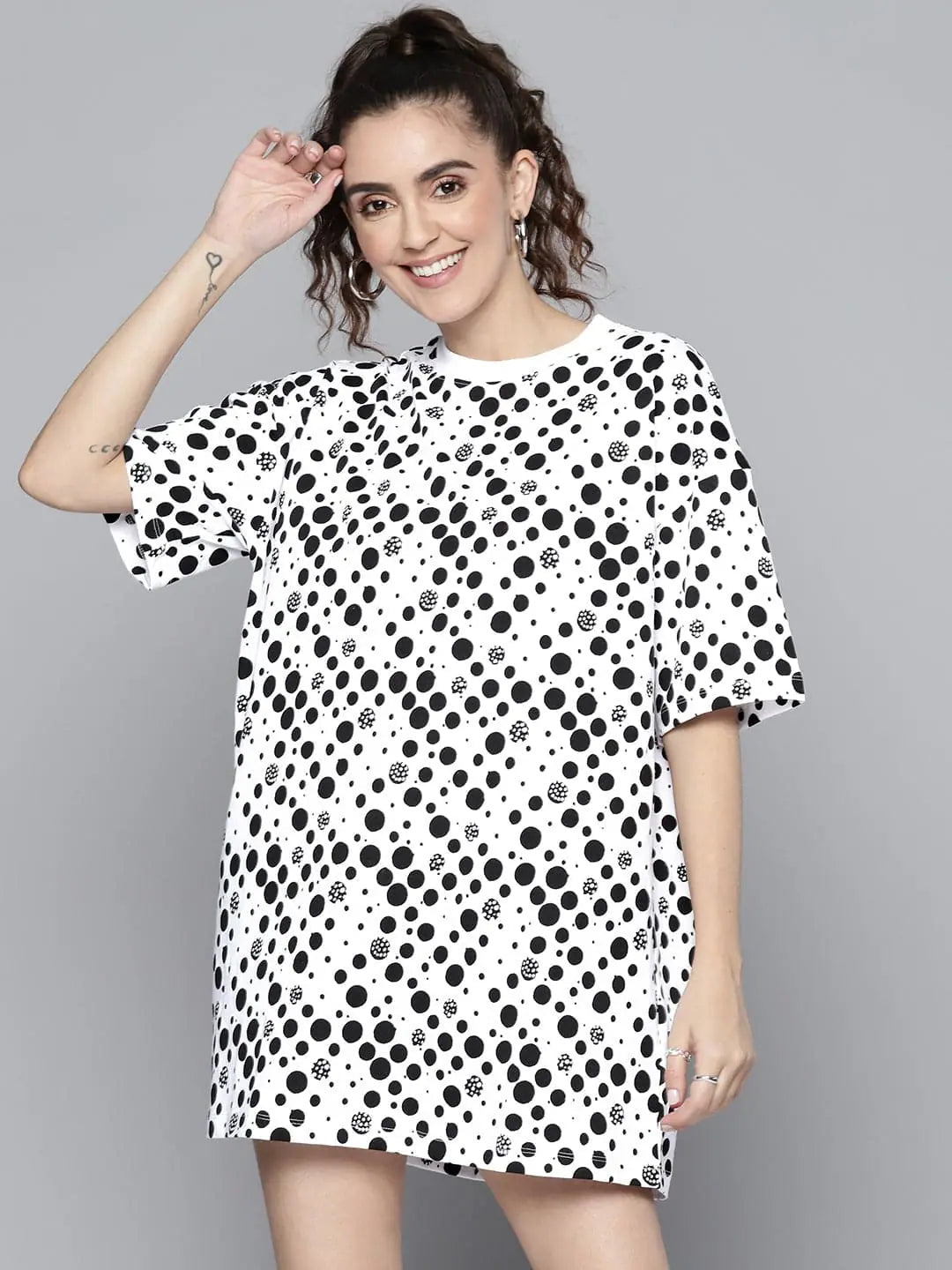 Women's Clothing And Garments Sets Feminine Soft - Hued Look Women Black Polka Dots T-Shirt Dress