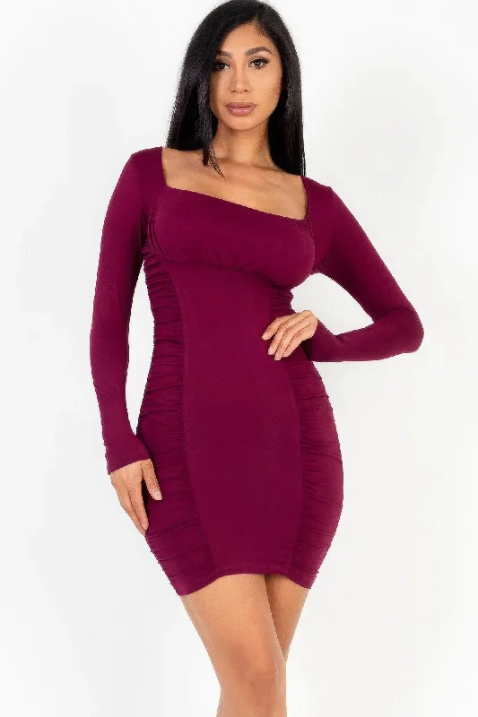 Women's Evening Wear Attire Exquisite Craftsmanship U-neck long sleeve ruched bodycon mini dress