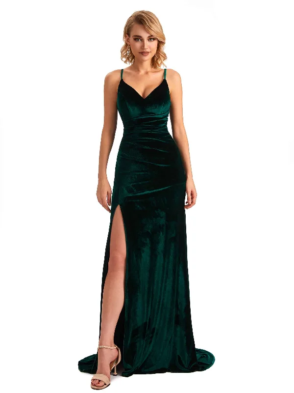 Women's Holiday Clothing Vibrant Prints Sexy Mermaid Spaghetti Straps V-neck Velvet Side Slit Long Bridesmaid Dresses