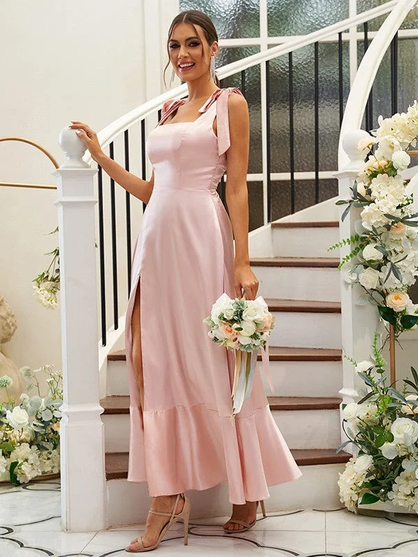 Women's Attire Boho - Chic Festival - Ready Style A-Line/Princess Silk like Satin Ruffles Straps Sleeveless Ankle-Length Bridesmaid Dresses