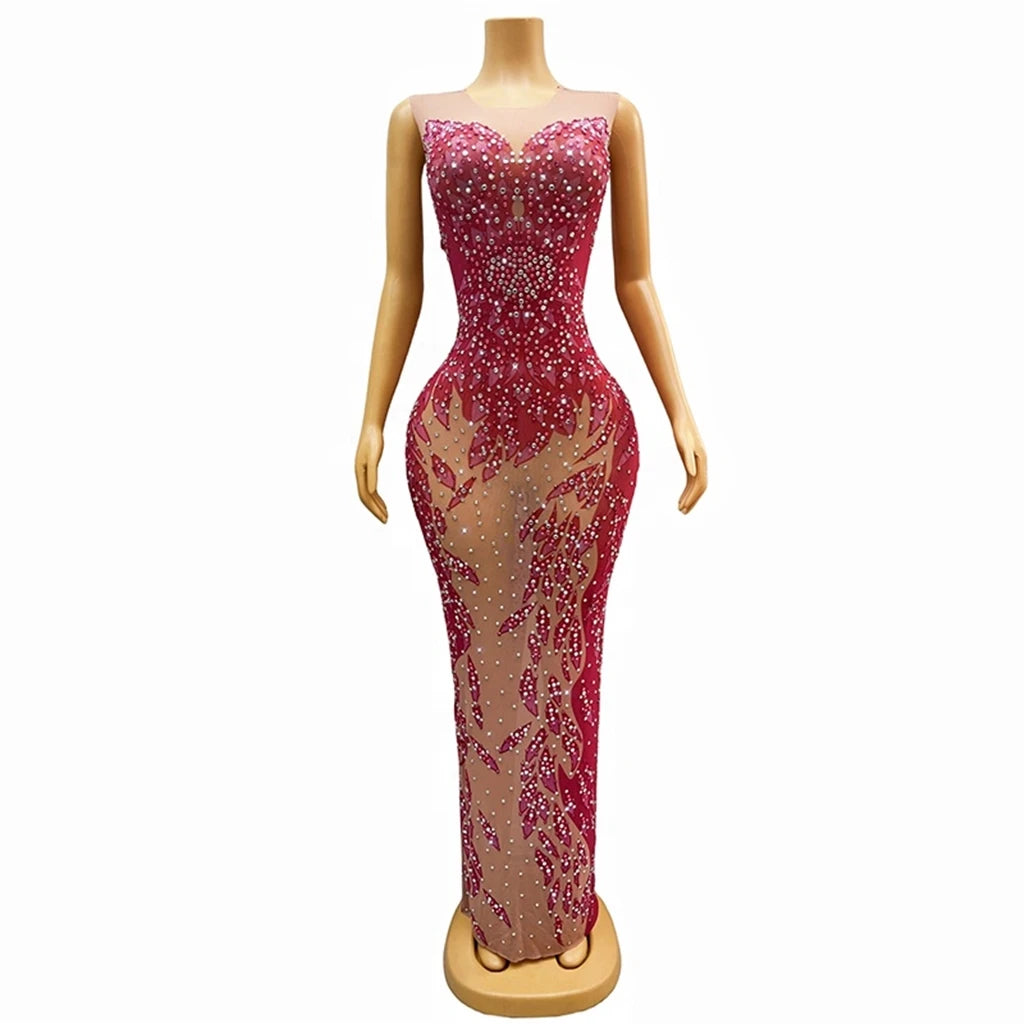 Comfortable Women's Attire Romantic Flair ZHEZHE Y3449Lady 2024 Elegant Luxury Sequin Sheer Fabric Flower Corset Dress Elegant Hot Pink Dress Sleeveless  Club Dress Long