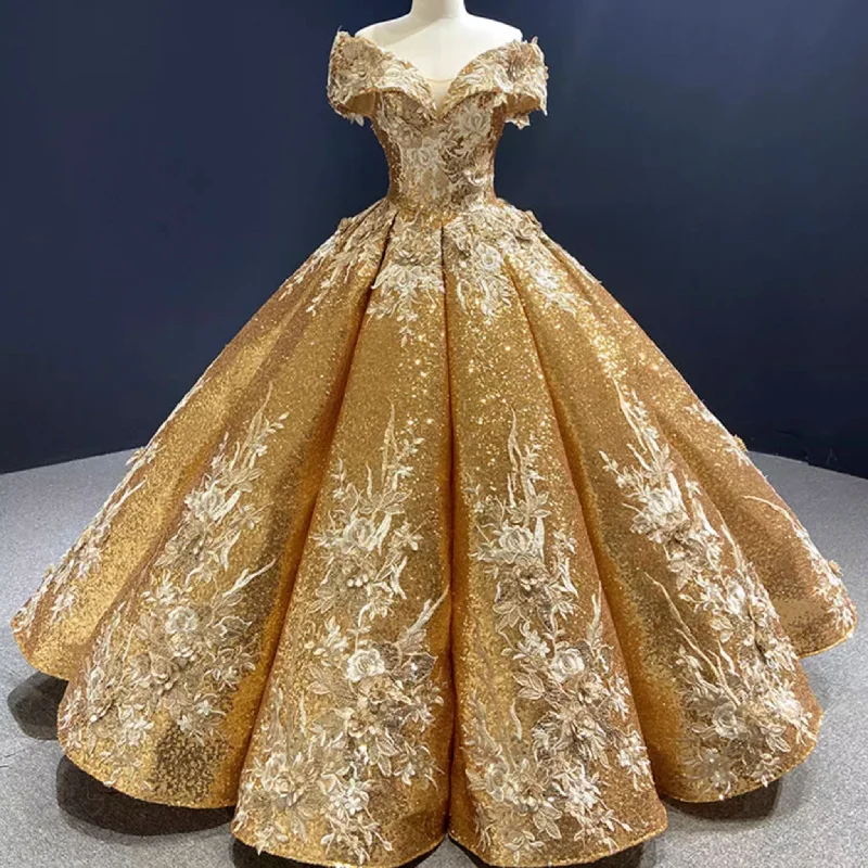 Women's Seasonal Attire Classic Appeal Off the Shoulder Gold Floral Quinceañera Dresses Formal Gown