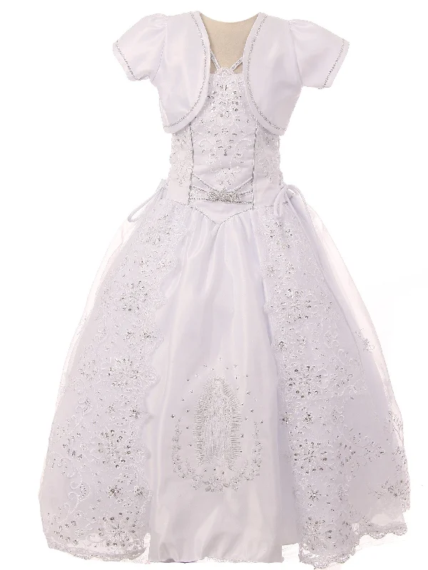 Elegant Women's Evening Garments Playful Elegance Big Girls White Satin Embroidered Lace Criss Cross Bolero Communion Dress 7-24