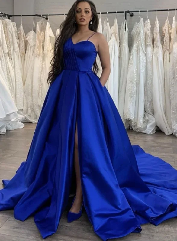 Women's High-End Clothing Bold Patterns Simple blue satin long prom dress blue evening dress    cg12965