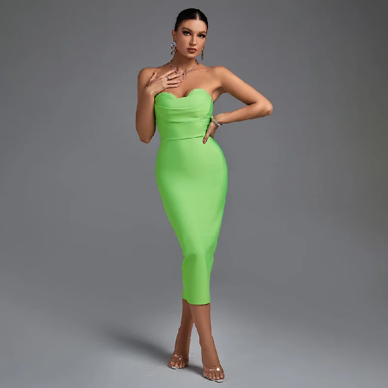 Stylish Women's Outerwear Apparel Statement Piece Green Strapless Sleeveless Plain Midi Bandage Dress HL8609