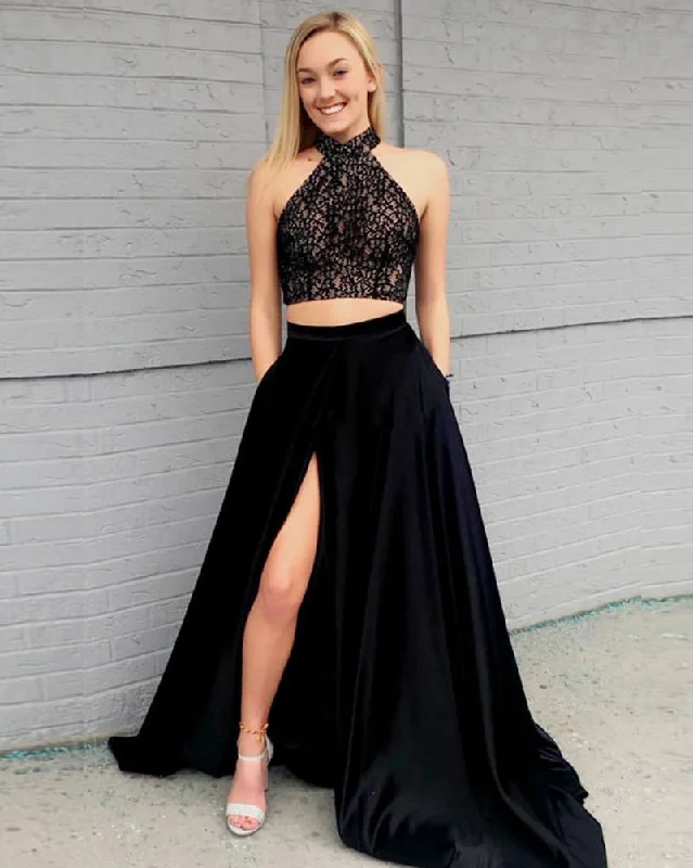 Chic Women's Garments Effortless Sophistication Sexy Lace Black 2 pieces Evening Dress Halter Summer Long Formal Party Gown with Slit  PL10714