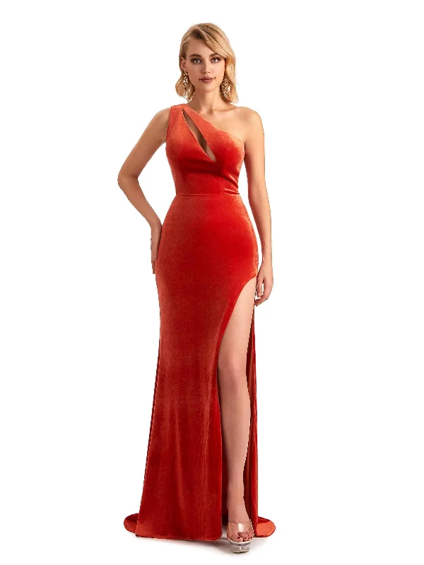 Affordable Women's Clothing Weekend Special Sexy Mermaid One Shoulder Side Slit Velvet Long Bridesmaid Dresses