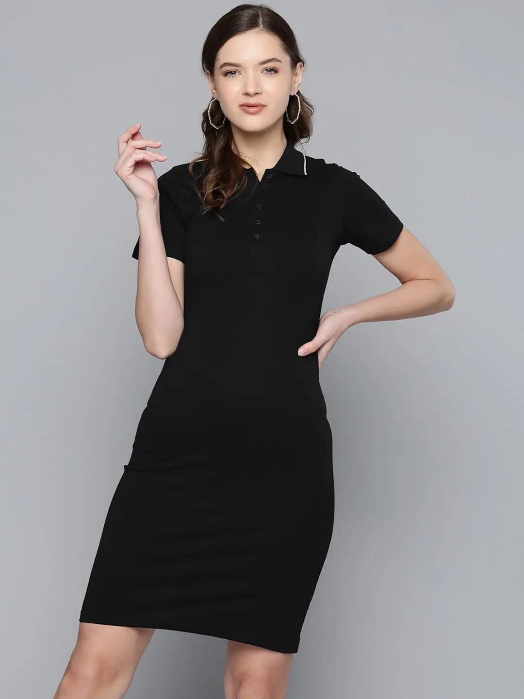 Women's Activewear Outfit Minimalist Office - Ready Style Black Polo Neck T-shirt Dress