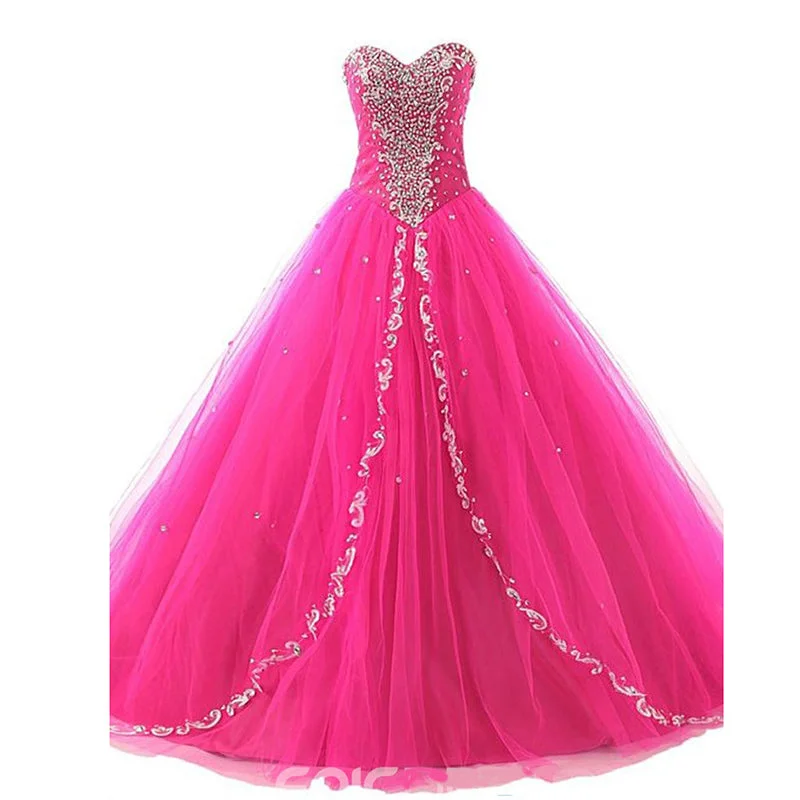 Women's Resort Attire Polished Finish Fuchsia Sweetheart Masquerade Gown Ball Gown Tulle Prom Dresses with Beading Crystal Quinceanera Dress