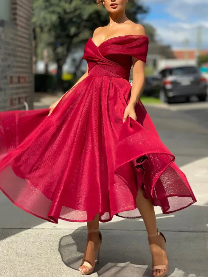 Charming Women's Holiday Apparel Graceful Cut Amzcw Simple burgundy tulle off shoulder prom dress burgundy bridesmaid dress formal wear dresses