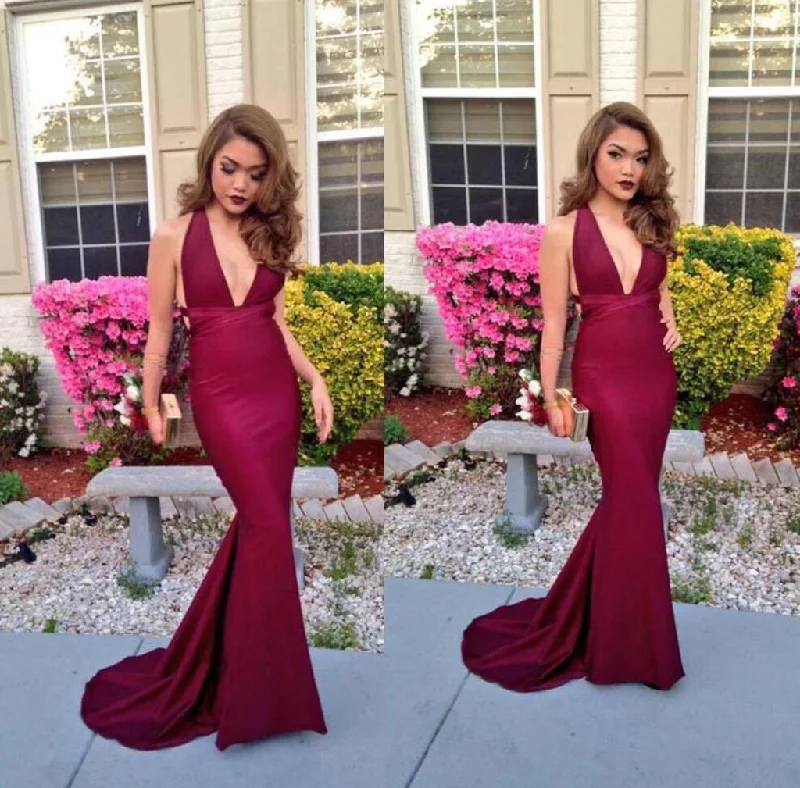 Affordable Women's Attire Feminine Allure LP4787 Sexy Deep V Neck Burgundy Evening Dress Long Party Prom Dress Fitted formal gown 2018