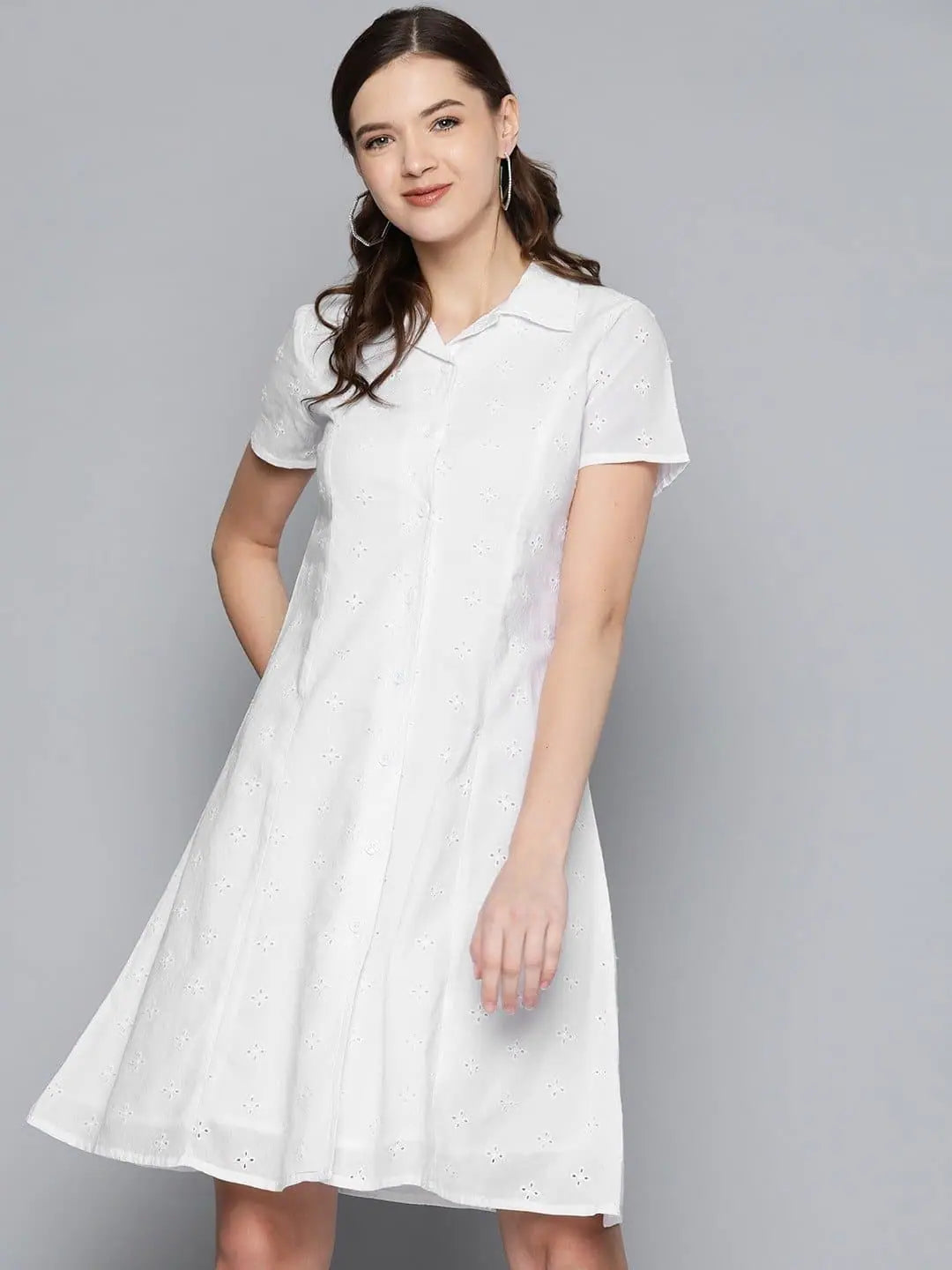 Women's Professional Outfit Romantic Date - Night Ensemble White Schiffli Shirt Dress-SFDRSS10164XS