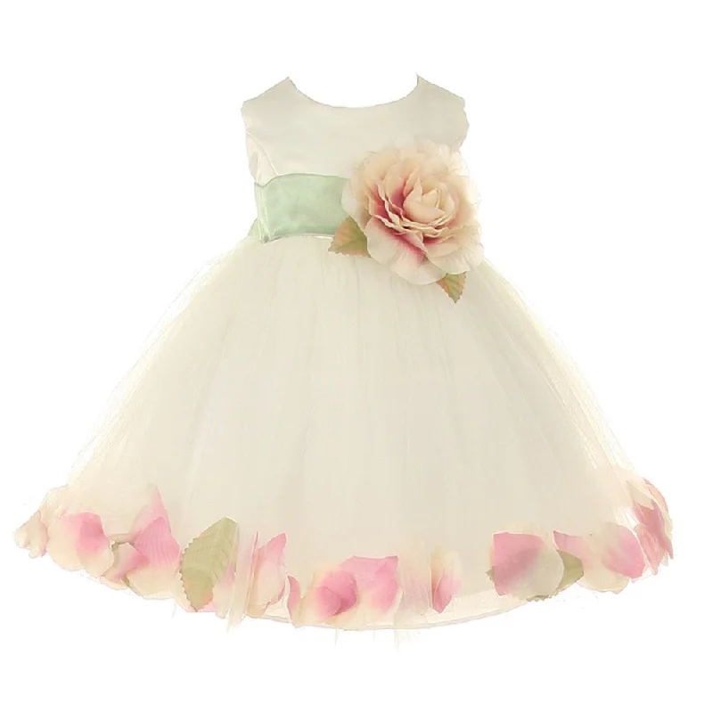 Women's Vintage Garments Feminine Grace Baby Girls Ivory Peach Petal Adorned Satin Tulle Flower Girl Dress 6-24M