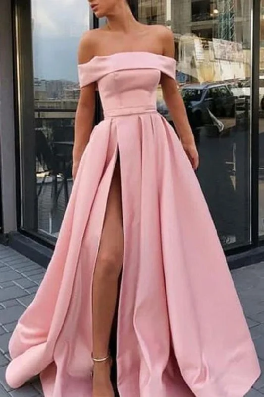 Stylish Outerwear Clothes For Women Big Savings on Minimalist Office Styles A Line Off the Shoulder Satin High Slit Yellow Prom Dresses, Long Formal Dresses  cg7870