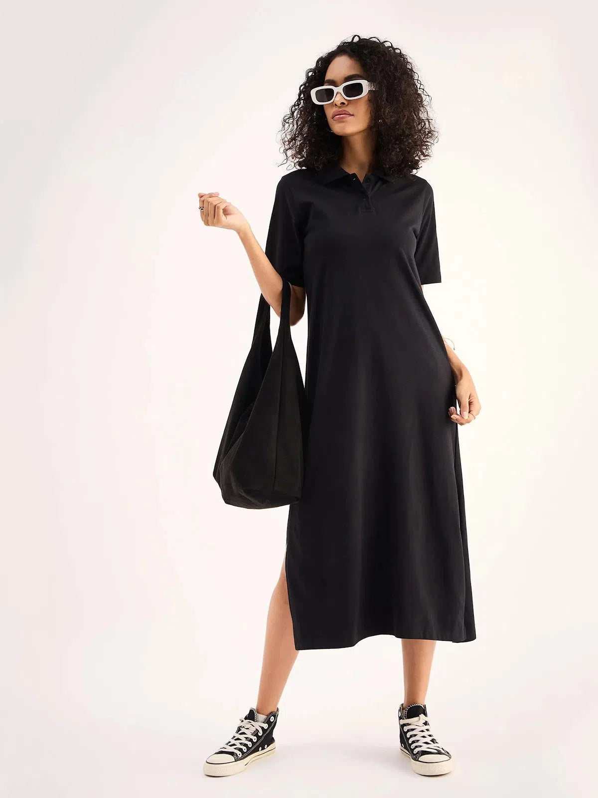 Stylish Clothes For Women Alluring Design Women Black Oversized Collar T-Shirt Dress