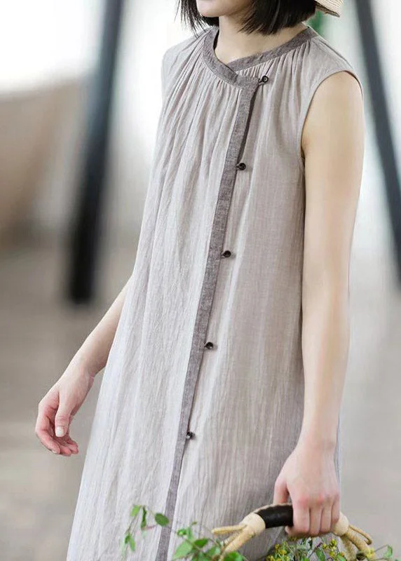 Women's Occasion Wear Apparel Elegant Attire Brief Khaki O-Neck Button Linen Long Dress Sleeveless