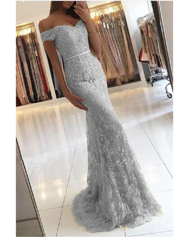 Women's Clothes Casual Elegance Mermaid Lace Silver Gray Prom Dresses Long Lace Gown PL3622