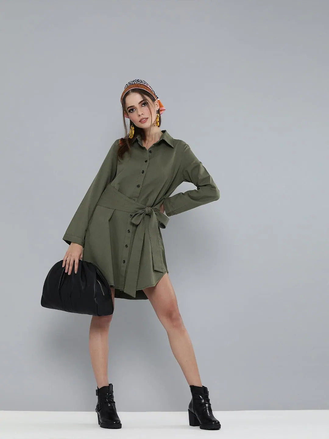 Women's Stylish Vacation Attire Romantic Detailing Olive Shirt Dress