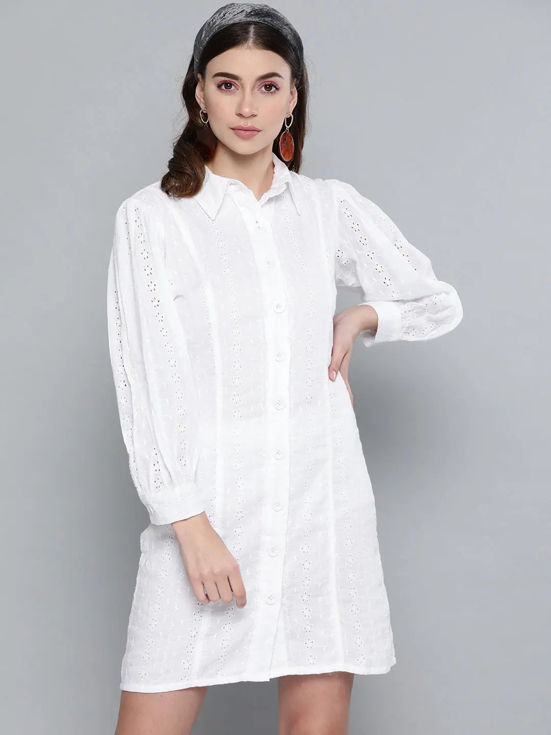 Classic Women's Clothing Styles Vibrant Prints White Schiffli Shirt Dress-SFDRSS1853XS