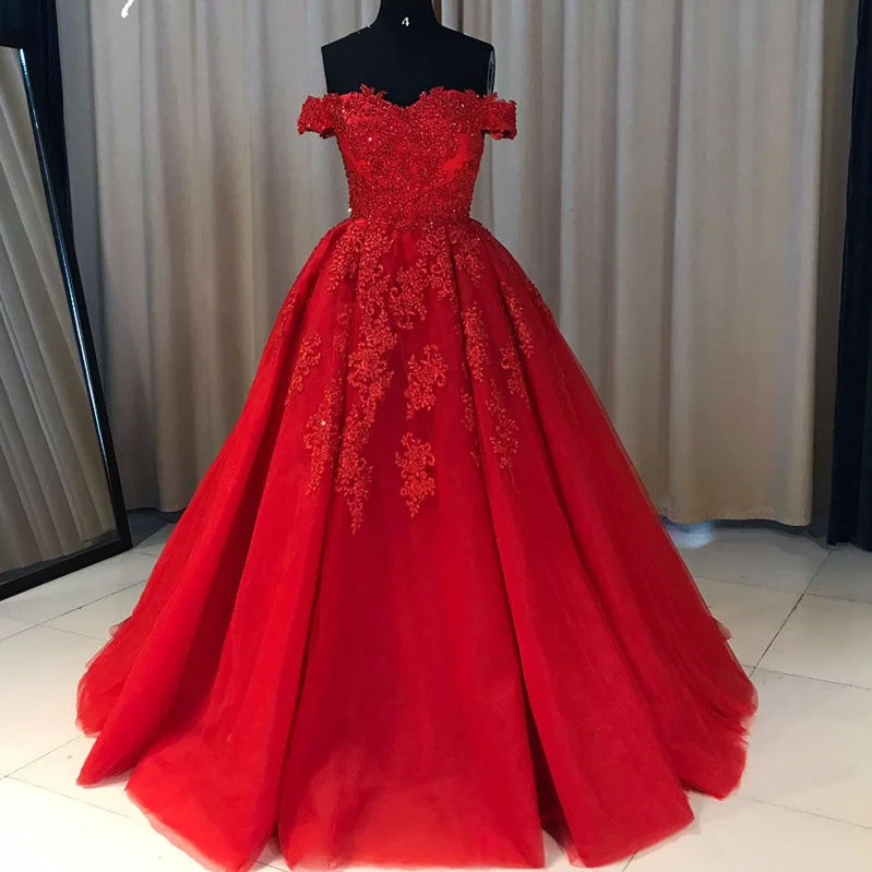 Formal Outfit For Women Graceful Drape Off the Shoulder Lace tulle Ball Gown Red Prom Dresses formal Gowns