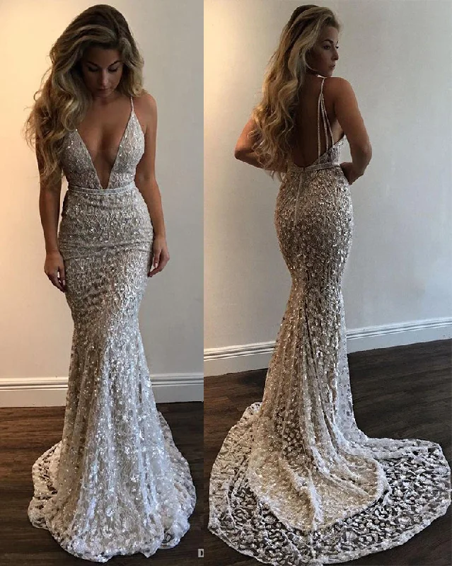 Charming Women's Holiday Apparel Elegant Ensemble Sexy Lace Flowers Deep V-Neck Mermaid Fitted Prom Evening Gown Spaghetti Straps Women Party Dresses PL7700