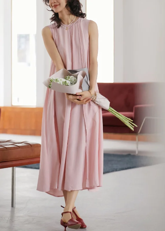 Women's Timeless Attire Flowing Silhouette Elegant Pink O-Neck Wrinkled Long A Line Dresses Sleeveless