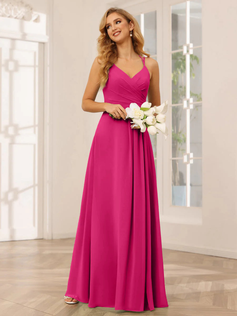 Women's Chic Apparel Romantic Flair A-Line/Princess V-Neck Long Bridesmaid Dresses With Ruched