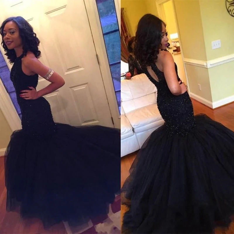 Women's Attire Formal Outfit LP 5587 halter Mermaid Beading Prom Dress Black Sexy formal Evening Gown