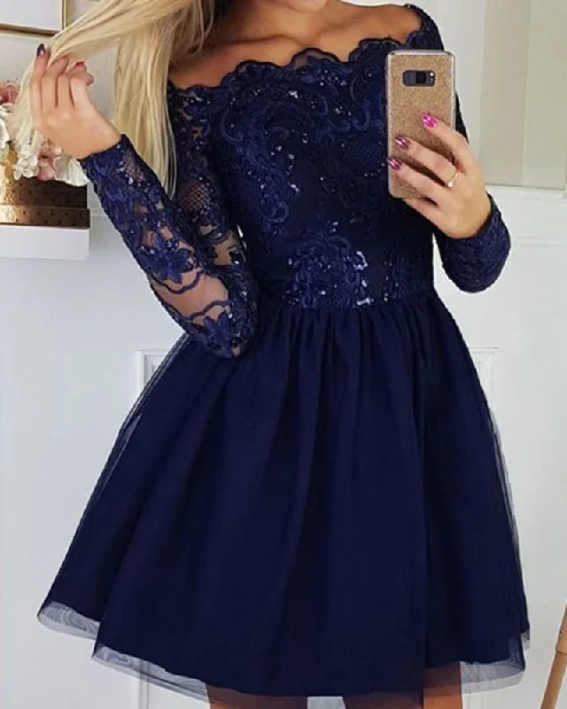 Stylish Women's Garments Charming Silhouette Cute Burgundy /Navy Blue Short Homecoming Dresses Long Sleeves Coctail Party Gown SP102191