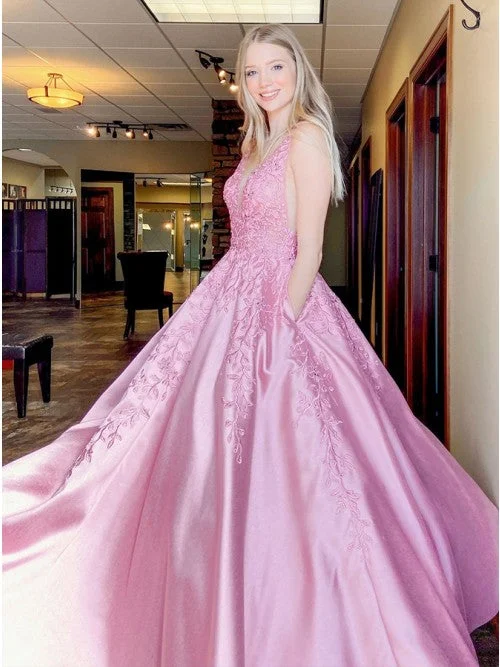 Women's Plus-Size Garments Limited - Stock Cute A-Line V Neck Pink Satin Lace Appliques Long Prom Dresses with Pockets    cg17895