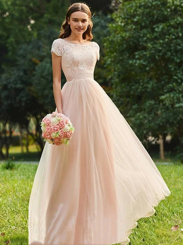 Women's Transitional Apparel Luxury Comfort A-Line/Princess Tulle Lace Scoop Short Sleeves Floor-Length Bridesmaid Dresses