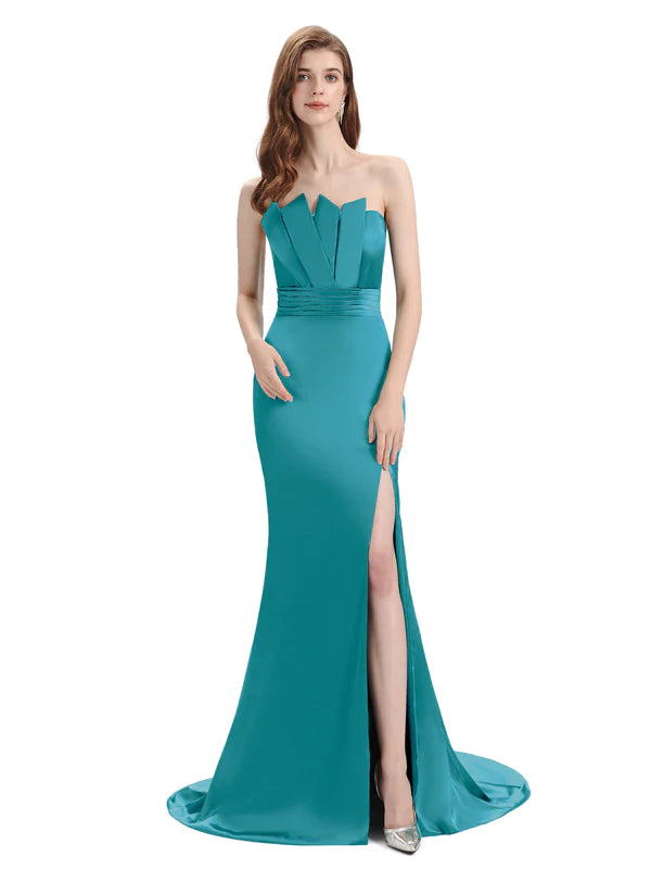 Women's Trendy Garments Romantic Detailing Elegant Soft Satin Strapless Split Side Floor-Length Mermaid Bridesmaid Dresses In Stock