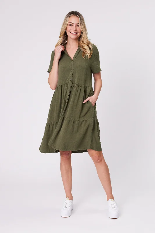 Women's Luxury Apparel Modern Glamour Shine On Essentials Shirt Dress Khaki