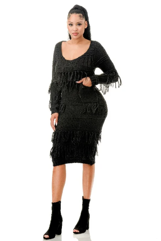 Women's Outerwear Attire Polished Finish Knit Long Sleeve Fringe Dress