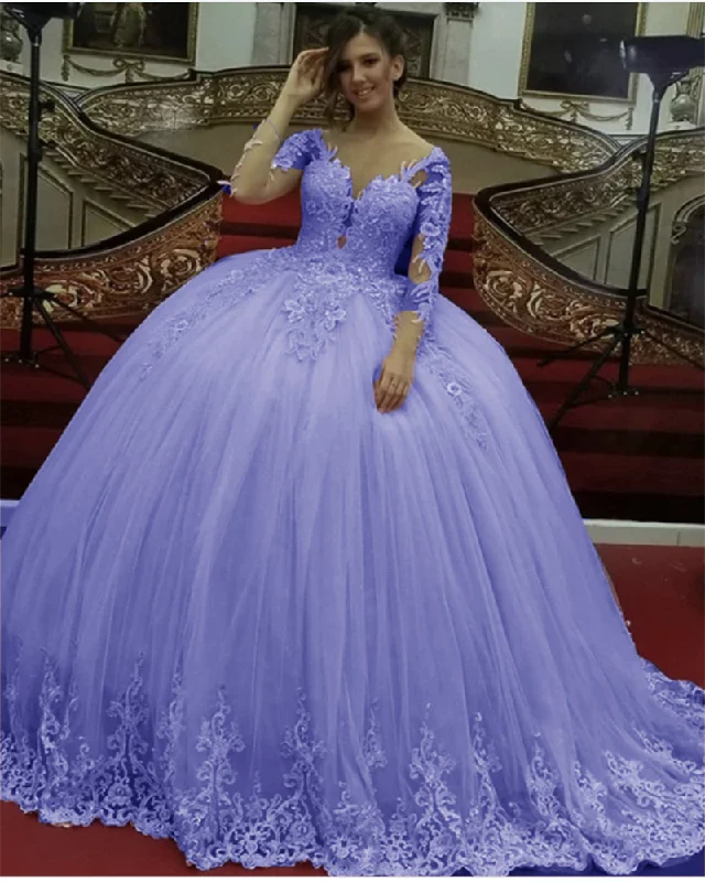 Stylish Outerwear Clothes For Women Art Deco Geometric Pattern Look Vintage Long Sleeves Lace Ball Gown Lavender Sweet 16 Quinceanera Dress Gown Prom Dress PL10720