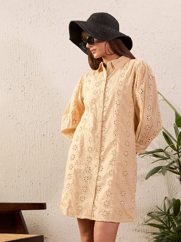 Women's Outerwear Garments Feminine Grace Women Beige Schiffli Shirt Dress