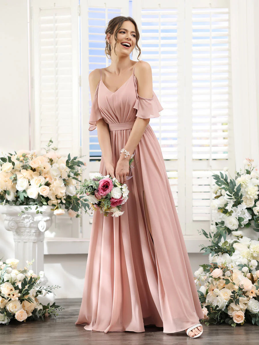 Women's Clothing Apparel Sets Seasonal Trend A-Line Spaghetti Straps Split Side Ruched Floor-Length Chiffon Bridesmaid Dresses