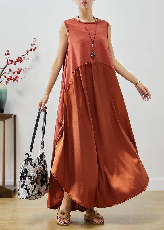 Women's Resort Attire Effortless Comfort Women Brick Red Oversized Patchwork Silk Long Dress Sleeveless