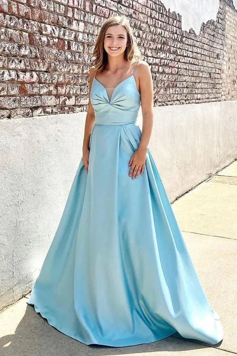 Women's Party Outfit Fashion-Forward Style Blue v neck satin long prom dress, blue long evening dress   cg12783