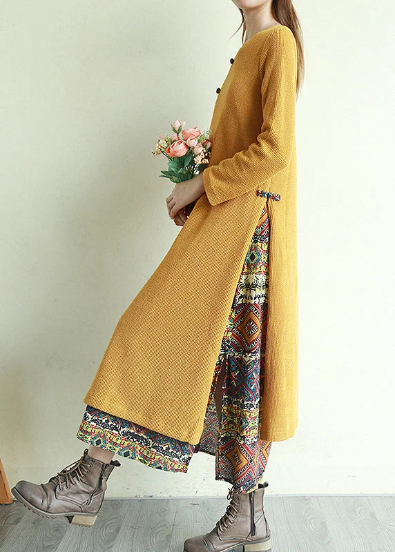 Stylish And Comfortable Clothing For Women Classic Appeal Vintage Yellow Button V Neck Patchwork Long Dresses Long Sleeve