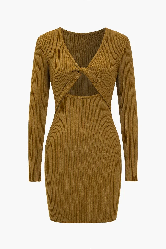 Women's Functional Outfit For Outdoor Activities Boho - Chic Festival - Ready Style Knit Cut Out Twist Knot V-Neck Long Sleeve Dress