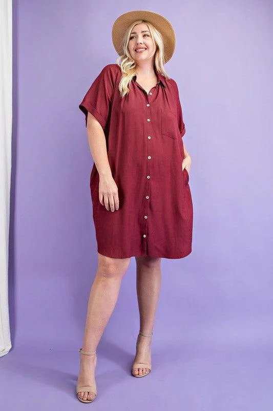 Women's Clothes For The Office Disco - Inspired Retro Dance Look Plus size shirt dress in Wine