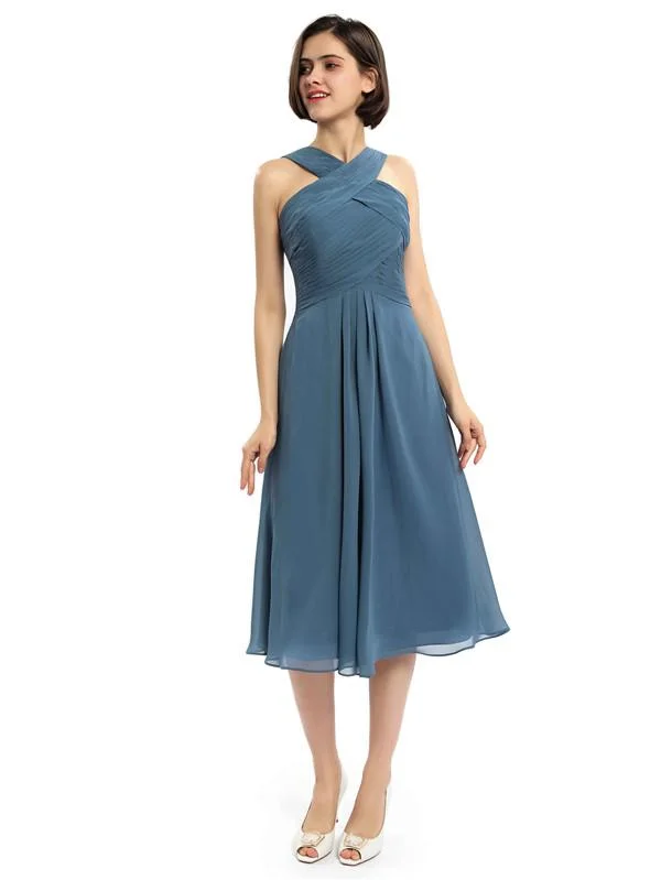 Women's Clothes And Apparel Sets Refined Look A-line Sleeveless Criss-cross Halter Tea-length Bridesmaid Dresses