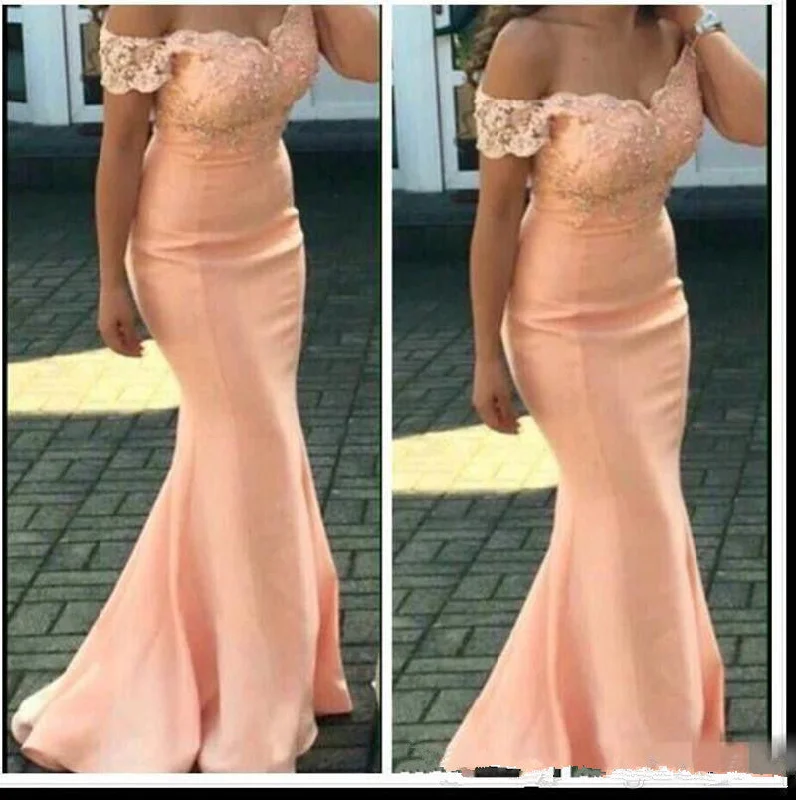 Women's Resort Garments Vintage Retro Party Wear Off the Shoulder Lace Gown Coral Pink Mermaid Fitted Long Evening Prom Dresses PL0921