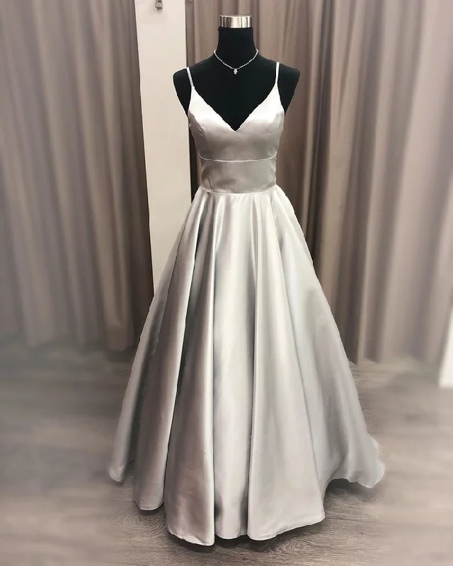 Women's Outerwear Apparel Seasonal Trend Gray Prom Dress,Satin Prom Gown,A-Line Evening Dress,V-Neck Prom Gown   cg9442