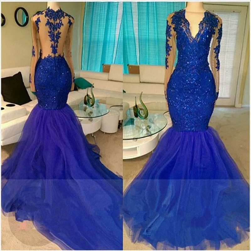 Women's Office Outfit Save on Classic Elegant Styles Trendy Royal Blue Long Sleeved Lace Prom Dresses Mermaid Evening Formal Gown Vestdo de Festa 2018 PD0214