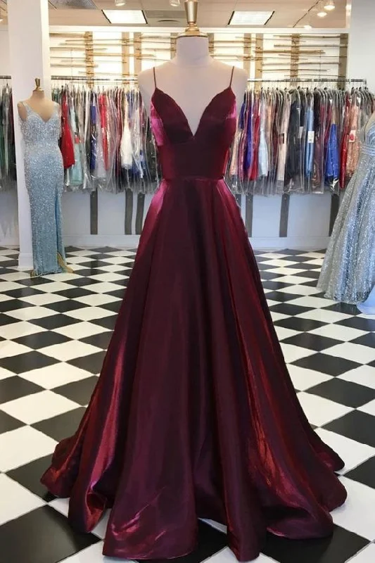 Women's Trendy Garments Lightweight Fabric Simple Burgundy Satin V Neck Long Evening Dress, Prom Dress   cg10624